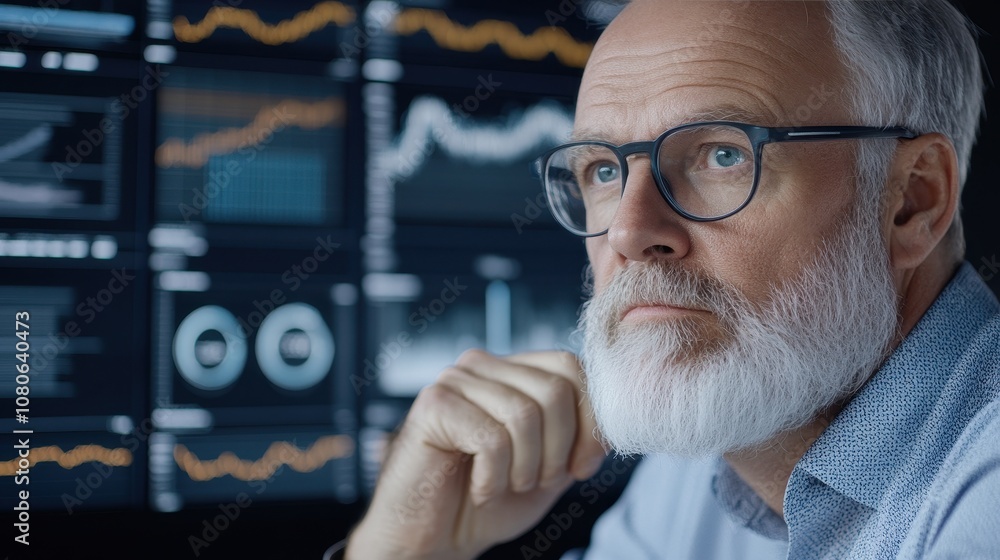 Thoughtful CEO Engaging with Market Analytics and Sharp Data Visualizations in a Modern Office Environment to Assess Business Performance Thoughtful CEO Engaging with Market Analytics and Sharp Data Visualizations in a Modern Office Environment to Assess Business Performance