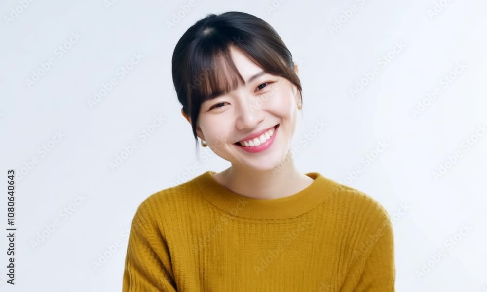 Cheerful Japanese Woman in Bright Sweater Smiling Against White Background Cheerful Japanese Woman in Bright Sweater Smiling Against White Background