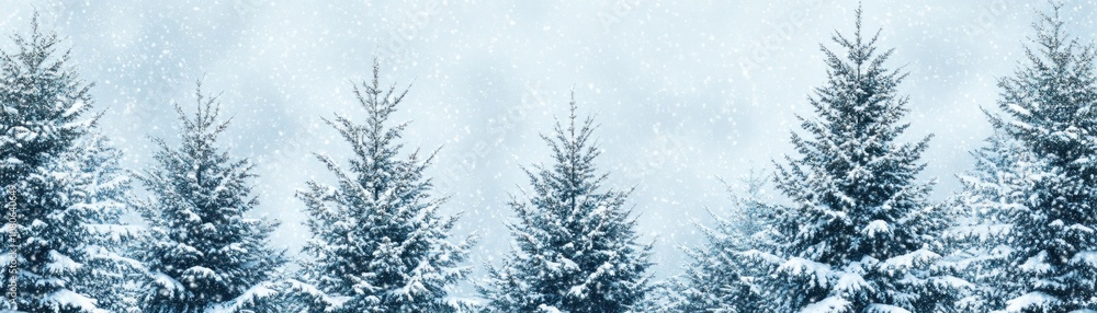 Obraz premium Snow-covered evergreen trees in a serene winter landscape with falling snowflakes.