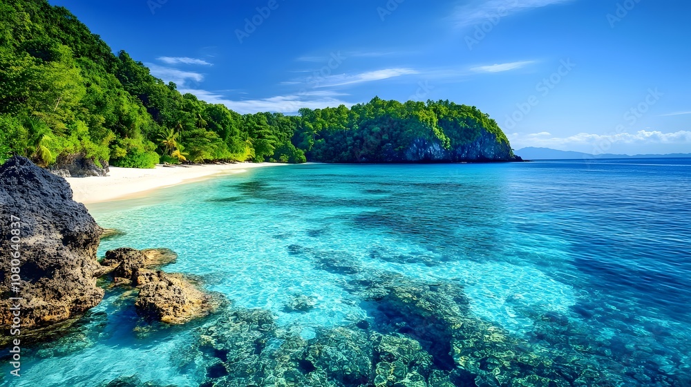 A pristine tropical beach with crystal clear turquoise water, lush green vegetation, and rocky outcroppings. A pristine tropical beach with crystal clear turquoise water, lush green vegetation, and rocky outcroppings.