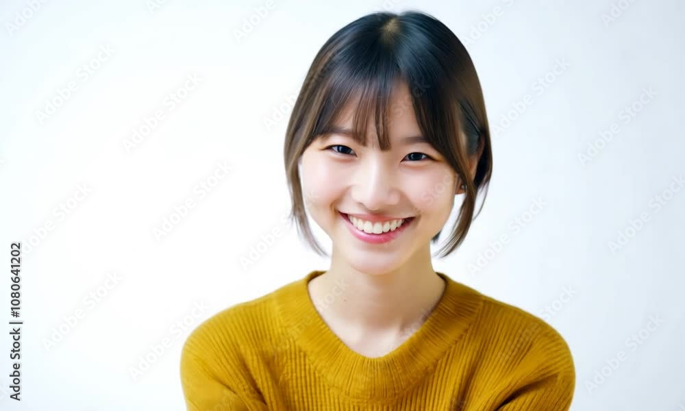 Cheerful Japanese Woman in Bright Sweater Smiling Against White Background Cheerful Japanese Woman in Bright Sweater Smiling Against White Background