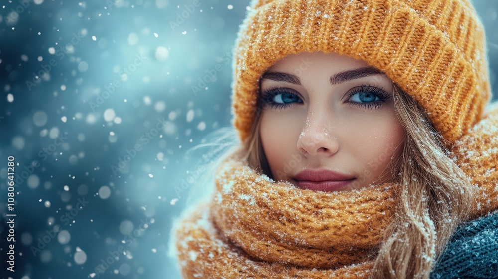 A young woman wearing a cozy knitted scarf and hat looks thoughtfully into the distance on a cold winter day as snow gently falls around her A young woman wearing a cozy knitted scarf and hat looks thoughtfully into the distance on a cold winter day as snow gently falls around her