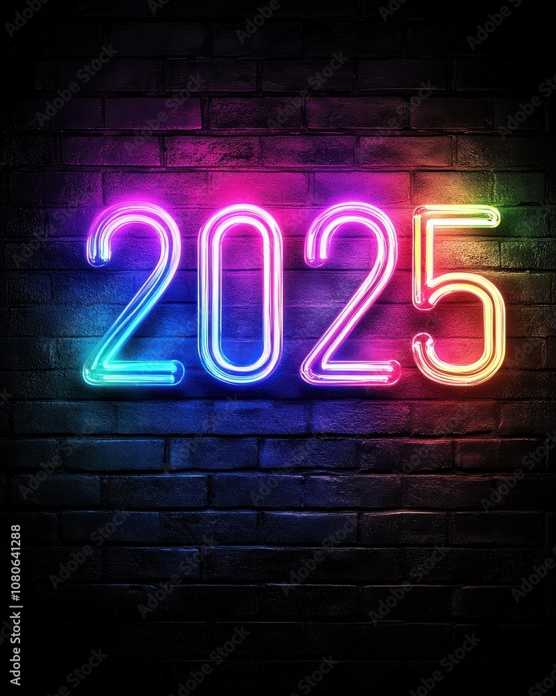 A Stunning Neon Sign Displaying the Year 2025 in Bright Vibrant Colors Against a Dark Brick Wall, Perfect for New Year Celebrations and Modern Aesthetics A Stunning Neon Sign Displaying the Year 2025 in Bright Vibrant Colors Against a Dark Brick Wall, Perfect for New Year Celebrations and Modern Aesthetics