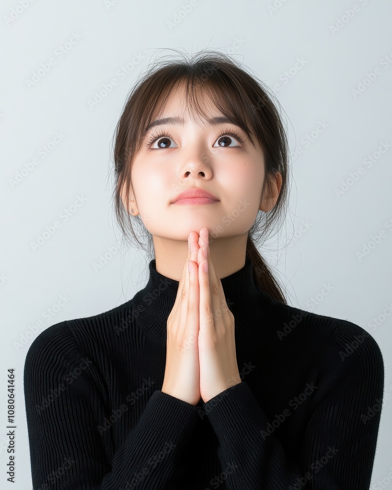 Young Asian Woman in Casual Attire Gazing Upwards with Hopeful Expression and Hands Together in Prayer Pose Against Neutral Background