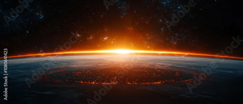 Galactic City on a Ring in Space with Spacecrafts and Nebulae
