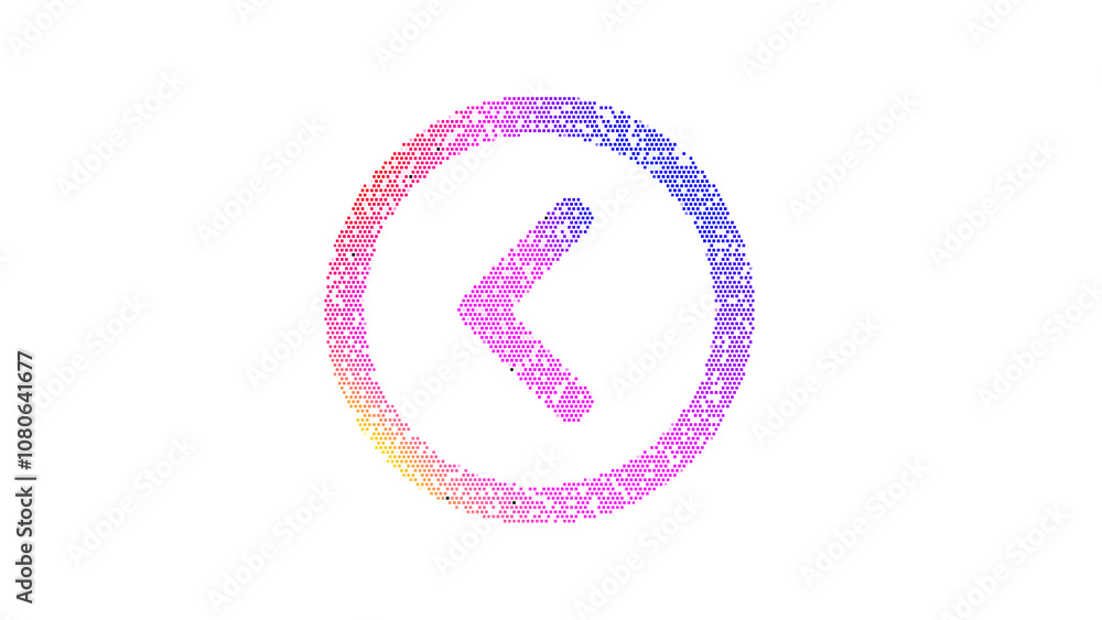Icon chevron circle left is made up of LED square shapes. There are bright diodes and there are black dead diodes Icon chevron circle left is made up of LED square shapes. There are bright diodes and there are black dead diodes