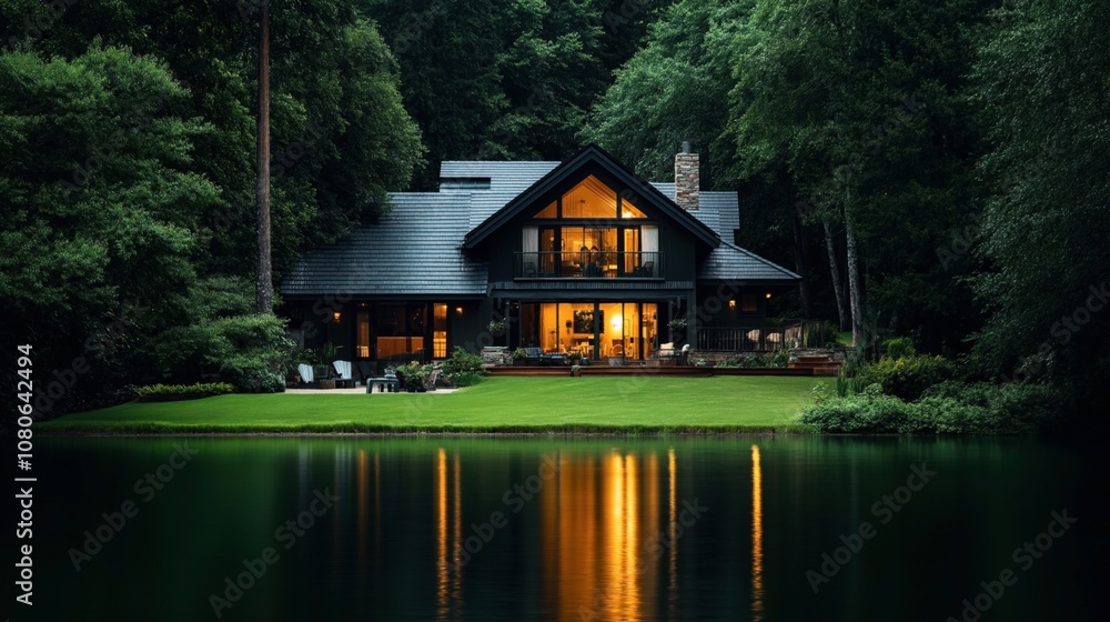 Fototapeta premium Rustic two-story cabin with illuminated windows near a serene lake surrounded by dense forest during dusk, reflecting on the water's surface