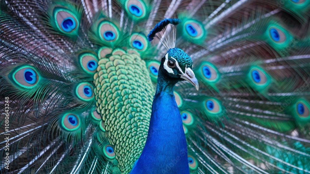 Obraz premium Vibrant Peacock Close-Up with Intricate Feather Patterns in Display