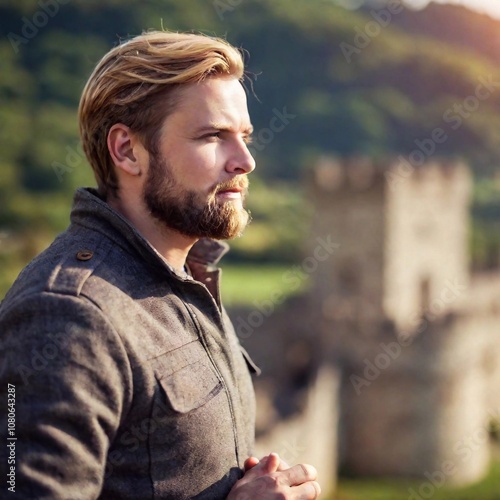 Extreme macro portrait of a medieval man standing on a castle wall, using a tilt-shift effect and eye-level angle. The wider portrait captures the blond, adult male in a contemplative pose, overlookin photo