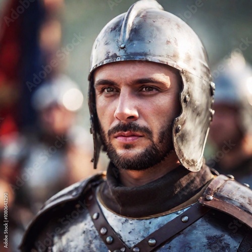 extreme macro close up portrait of a medieval man leading a group of soldiers, male in armor, standing tall in a battlefield surrounded by banners and troops. Photo-realistic.