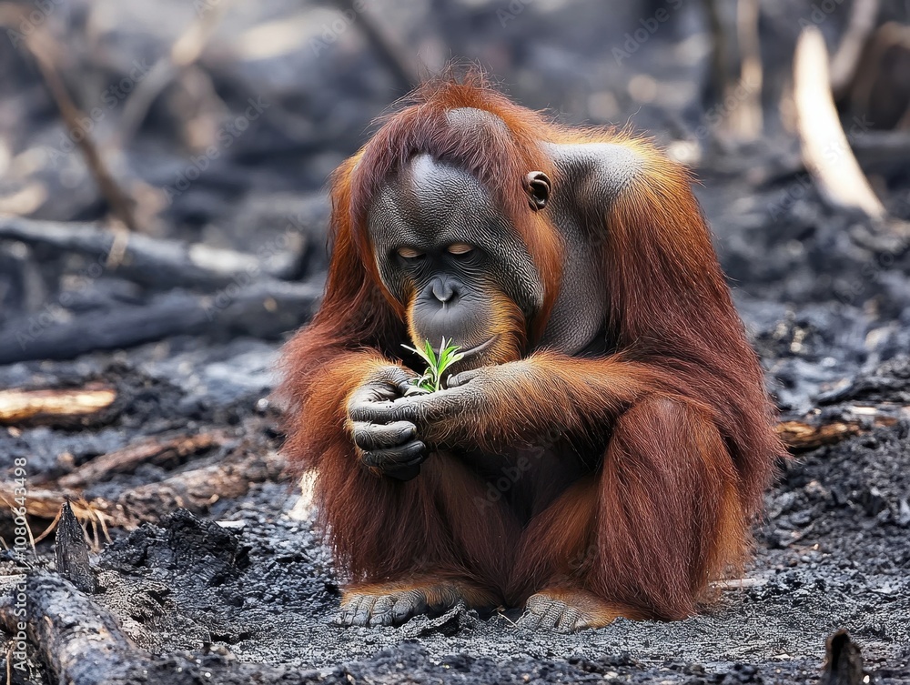 Naklejka premium An orangutan sits on the ground, observing a young plant in its hands, amidst a burnt landscape, reflecting the impact of deforestation and nature's resilience.