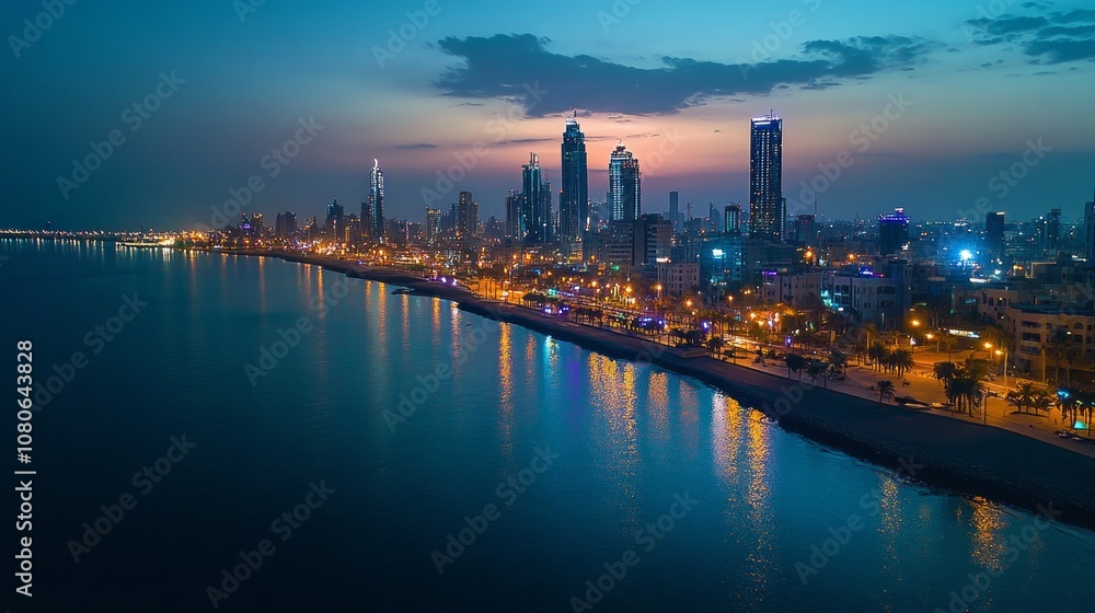 Fototapeta premium Aerial view of a city skyline at dusk with the reflection of the city lights on the water.
