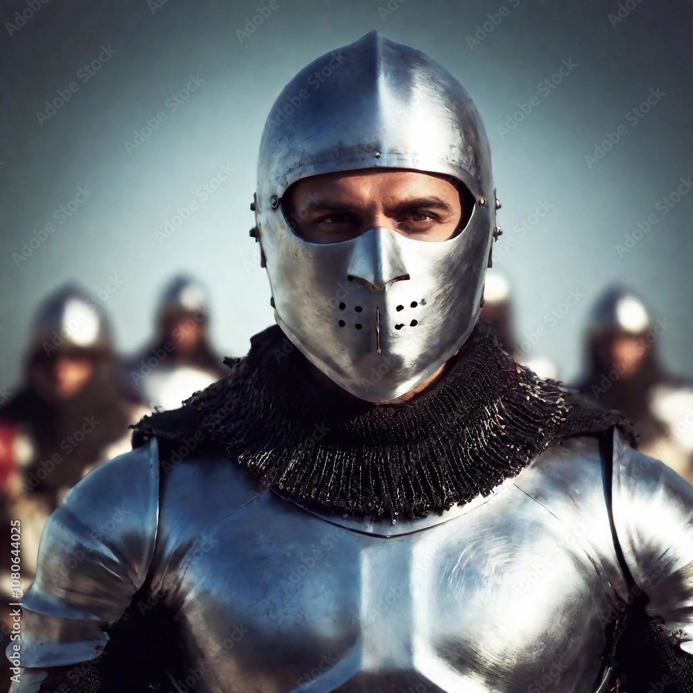 extreme macro close up portrait of a knight man leading a group of soldiers, male in armor, standing tall in a battlefield surrounded by banners and troops. Photo-realistic. extreme macro close up portrait of a knight man leading a group of soldiers, male in armor, standing tall in a battlefield surrounded by banners and troops. Photo-realistic.