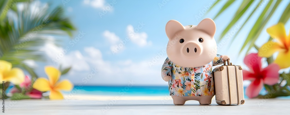 Fototapeta premium Adorable Piggy Bank in Tropical Floral Suit with Mini Suitcase - Travel Dreams Vibrant Beach Setting with Flowers and Blue Skies Perfect for Vacation Savings and Fun Decor