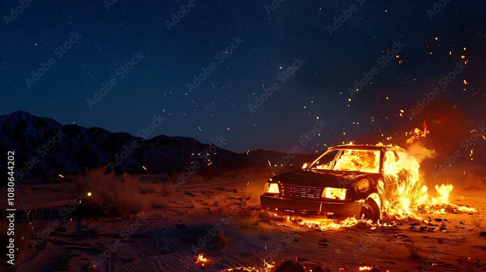 A burnt-out car engulfed in flames in a desert landscape under a starry sky. A burnt-out car engulfed in flames in a desert landscape under a starry sky.