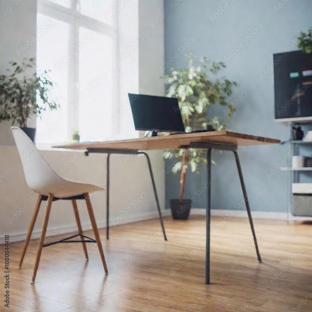 A full shot of a tech startup's office space, with a low angle capturing a 3D computer on a standing desk and deep focus revealing the modern, minimalist design of the workspace A full shot of a tech startup's office space, with a low angle capturing a 3D computer on a standing desk and deep focus revealing the modern, minimalist design of the workspace