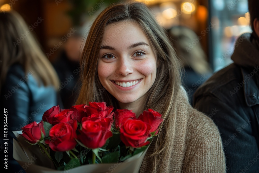 Smiling Woman Holding Red Roses Bouquet In Cafe Smiling Woman Holding Red Roses Bouquet In Cafe