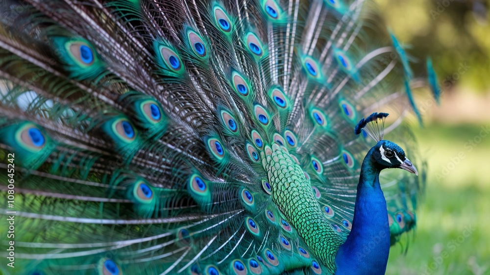 Obraz premium Vibrant Peacock Close-Up with Intricate Feather Patterns in Display