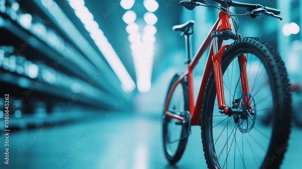 Modern Red Bicycle Spotlighted in Showroom Displaying Sleek Urban Transport Design Modern Red Bicycle Spotlighted in Showroom Displaying Sleek Urban Transport Design