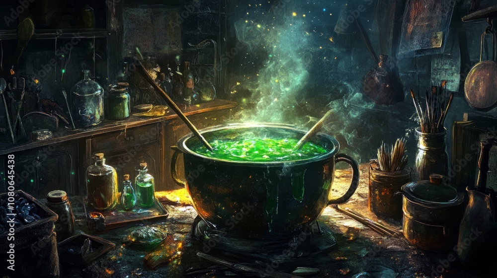 Mysterious potion brewing in an enchanting dimly lit workshop. Mysterious potion brewing in an enchanting dimly lit workshop.