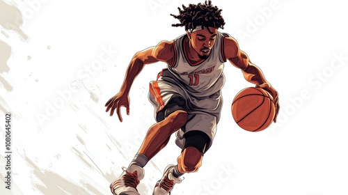 a 2D cartoon illustration of a basketball player making a slam dunk, exciting and athletic, white background--ar 16:9