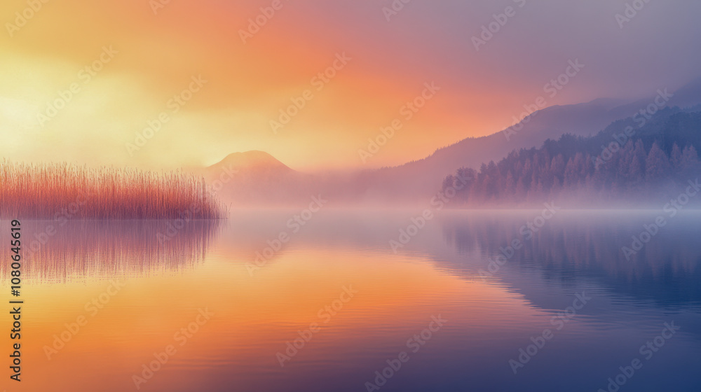 Serene sunrise over misty lake with vibrant sky and mountain reflections Serene sunrise over misty lake with vibrant sky and mountain reflections