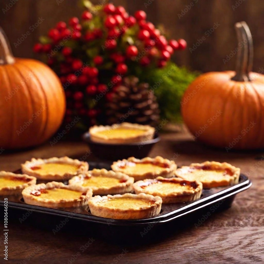 cranberry tarts, with the tarts in sharp focus, capturing the festive preparation of Thanksgiving treats.. Pumpkins on background, Thanksgiving decorations. cranberry tarts, with the tarts in sharp focus, capturing the festive preparation of Thanksgiving treats.. Pumpkins on background, Thanksgiving decorations.