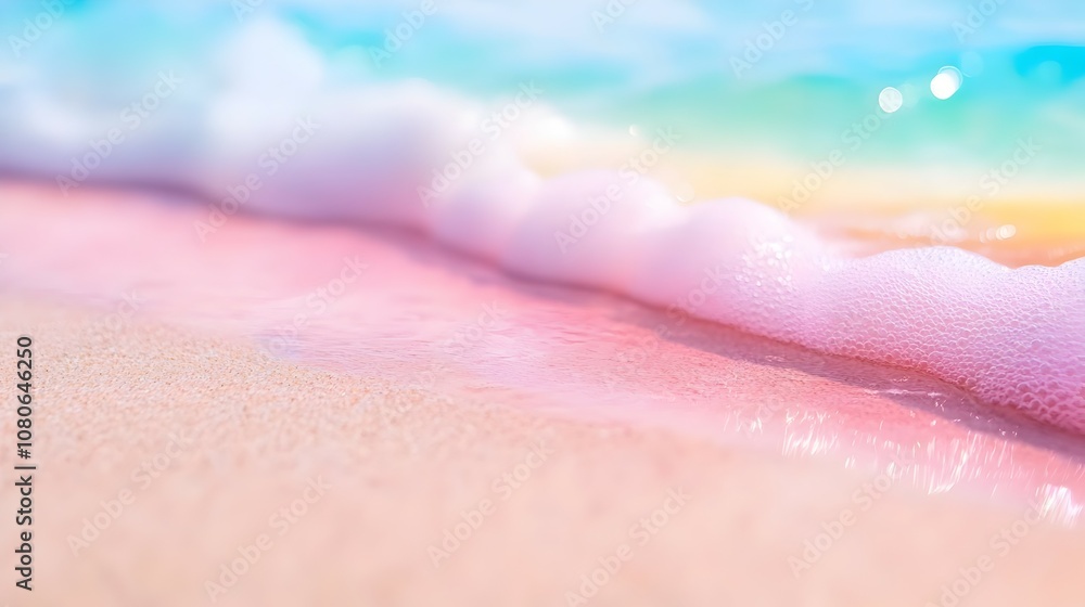 Fototapeta premium Dreamy Spectrum Reflections Serene White Sand Beach with Pastel Rainbow Waves and Sunlit Mist - Tranquil Coastal Landscape