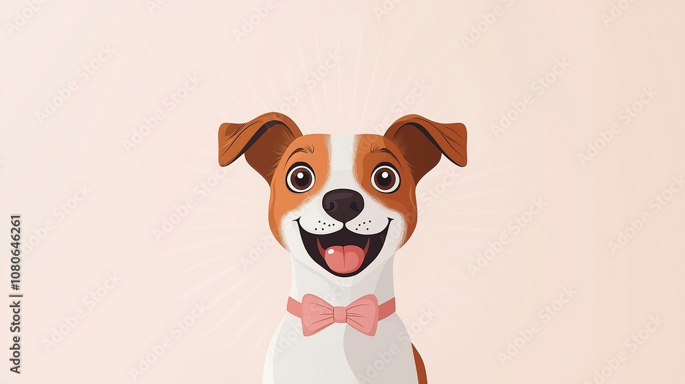 Fototapeta premium Adorable cartoon dog with a bow tie smiling against a soft pastel background.