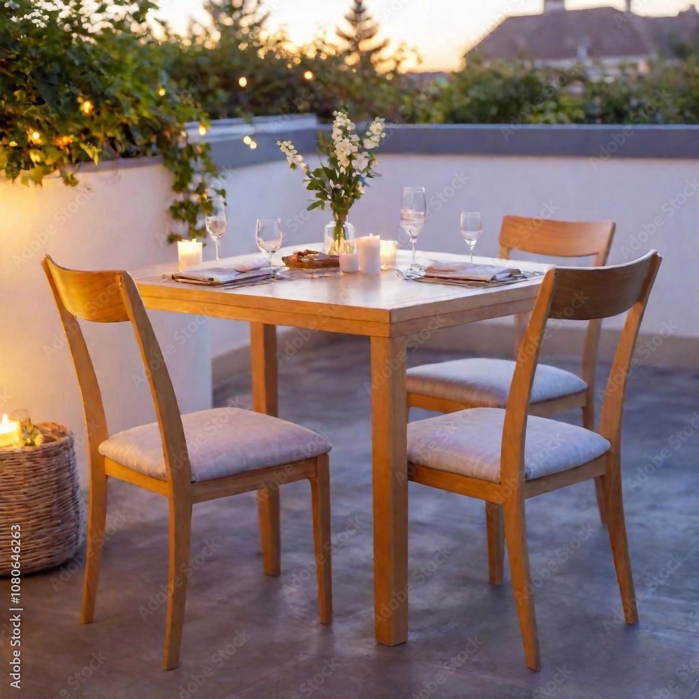 Obraz premium candlelit Dinner with one dining table and two chairs, rooftop, table with candles and wine glasses, soft fairy lights, capturing the warm glow and intimate atmosphere in shallow focus