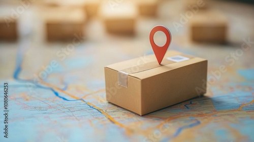 Cardboard delivery box with a red location marker on a geographic map background.