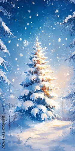 Wallpaper Mural A serene winter scene featuring a snow-covered pine tree surrounded by falling snowflakes against a clear blue sky. Torontodigital.ca