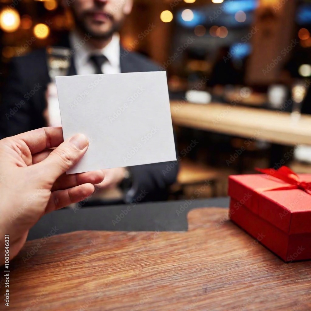 extreme Close-up shot of man is holding a card with empty mock up on a Valentine's Day, wooden table, blurred restaurant extreme Close-up shot of man is holding a card with empty mock up on a Valentine's Day, wooden table, blurred restaurant