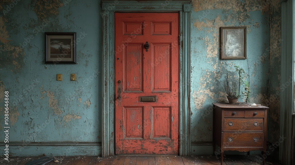 An antique red door set within a weathered and rustic interior room, featuring vintage decor and peeling turquoise paint on the walls An antique red door set within a weathered and rustic interior room, featuring vintage decor and peeling turquoise paint on the walls