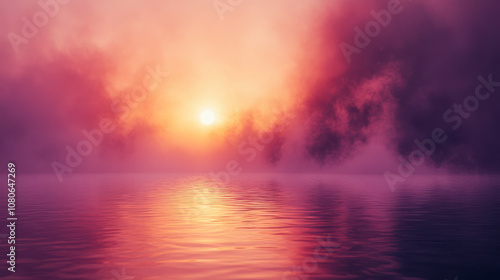 Tranquil sunrise over calm ocean with colorful clouds reflecting on water surface