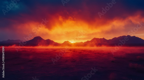 Vibrant desert landscape with dramatic sunset sky and distant mountains in the evening