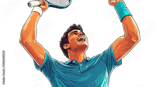 a 2D cartoon illustration of a tennis player serving a ball, focused and skilled, white background--ar 16:9 photo