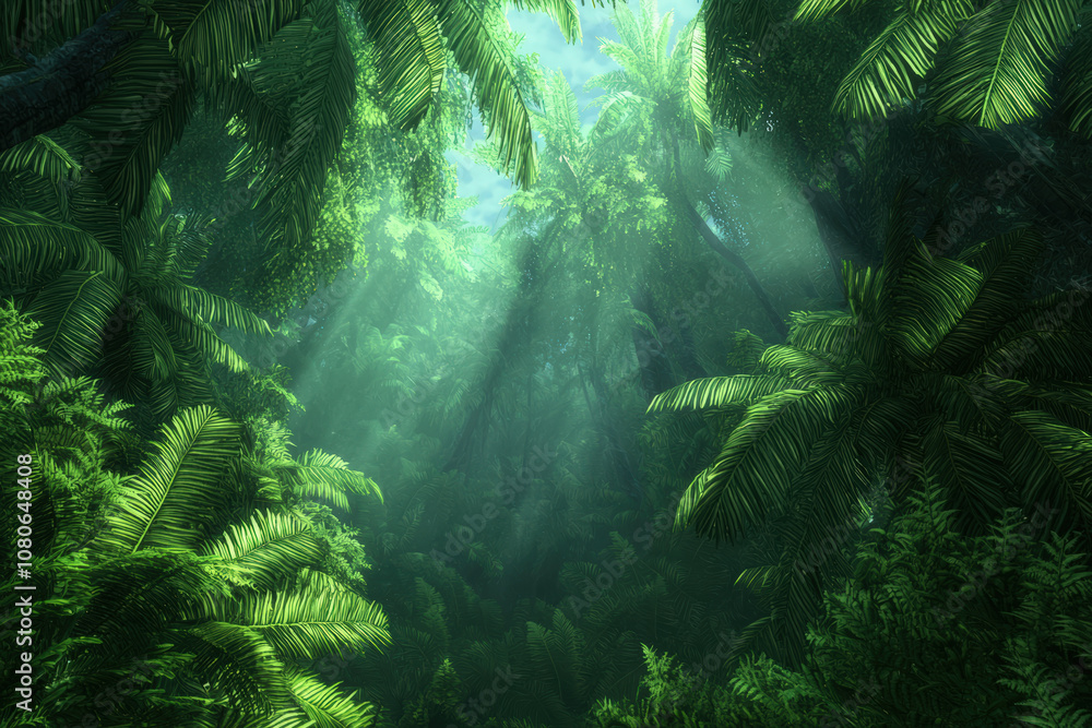 Lush rainforest canopy with vibrant green foliage and sunlight filtering through. serene atmosphere evokes sense of tranquility and connection to nature Lush rainforest canopy with vibrant green foliage and sunlight filtering through. serene atmosphere evokes sense of tranquility and connection to nature