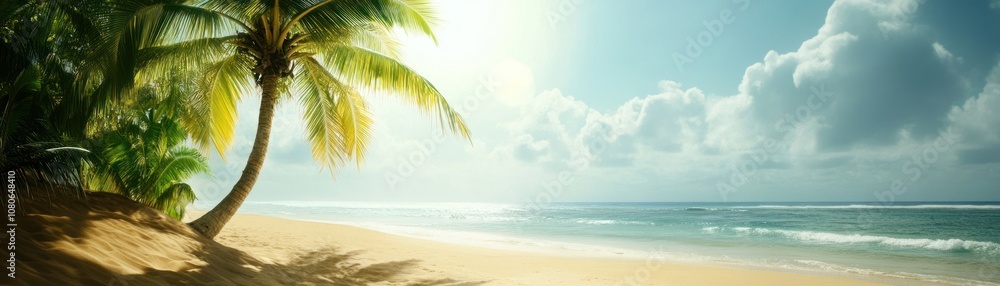 A serene beach scene with palm trees and gentle waves under a bright sky. A serene beach scene with palm trees and gentle waves under a bright sky.