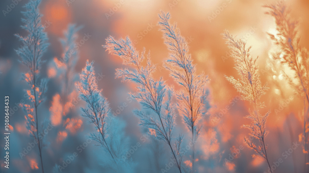 Vibrant nature scene of sunlit grasses at sunrise with colorful atmosphere Vibrant nature scene of sunlit grasses at sunrise with colorful atmosphere