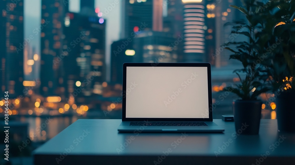Laptop on sleek table with blurred city skyline at night showcasing urban modern business atmosphere Laptop on sleek table with blurred city skyline at night showcasing urban modern business atmosphere