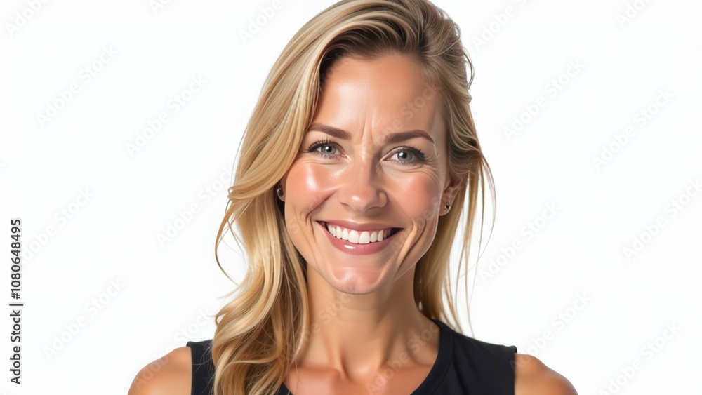 Portrait of a smiling blonde stylish women, looking at camera, happy face, neutral background for cutout, horizontal Portrait of a smiling blonde stylish women, looking at camera, happy face, neutral background for cutout, horizontal
