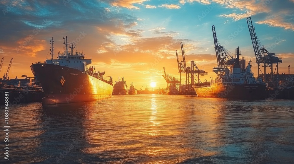 Obraz premium Cargo ships docked at a harbor at sunset.