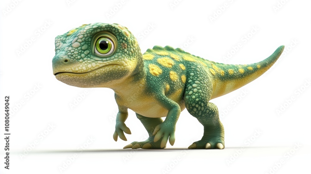 Baby dinosaur walking on white background: cute cgi character illustration Baby dinosaur walking on white background: cute cgi character illustration