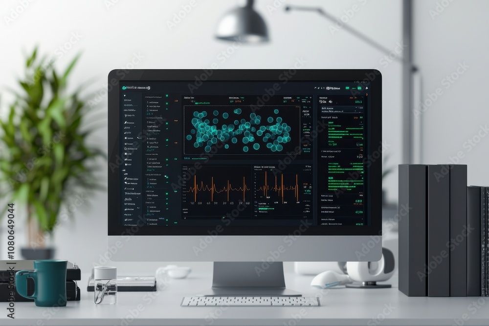 Fototapeta premium A sleek computer monitor displays data analytics in a modern office environment, featuring greenery and a minimalist desk setup.