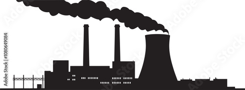 Coal Power Plant With Cooling Tower Silhouette Vector Illustration Graphic