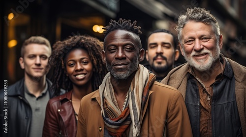 A group of diverse people stand together in an urban setting, smiling and looking at the camera. They are all dressed casually, and they appear to be friends or colleagues.