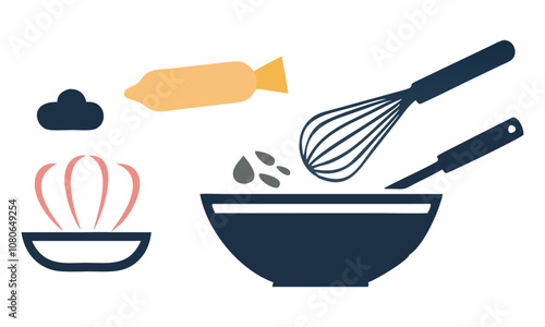 Download Whisk With Bowl  Icons Vector. Mixing Ingredients In Bowl . This Design Concept Isolated Premium Vector. 