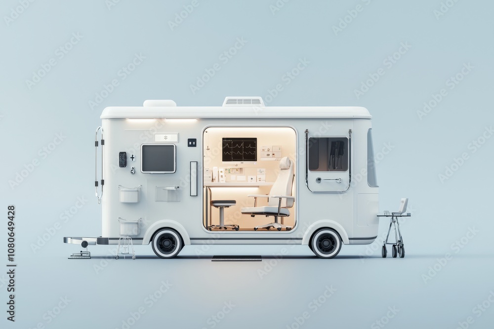A modern medical trailer with a sleek design, featuring advanced equipment and a clean interior, suitable for healthcare services and mobile clinics. A modern medical trailer with a sleek design, featuring advanced equipment and a clean interior, suitable for healthcare services and mobile clinics.