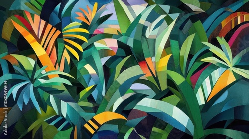 Dynamic Cubism plant shapes with vivid color contrasts and abstract forms